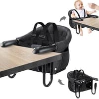 A baby seat that is attached to the table.