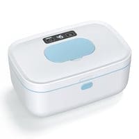 A white box with blue lid and electronic device.